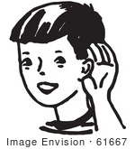 #61667 Clipart Of A Boy Cupping His Ear In Black And White - Royalty Free Vector Illustration