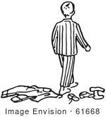 #61668 Clipart Of A Boy In Pjs Walking Over Clothes In Black And White - Royalty Free Vector Illustration