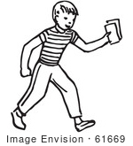 #61669 Clipart Of A Boy Holding Out Money Or Tickets In Black And White - Royalty Free Vector Illustration