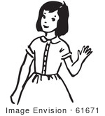 #61671 Clipart Of A Girl Waving In Black And White - Royalty Free Vector Illustration