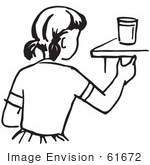 #61672 Clipart Of A Girl Reaching For A Cup In Black And White - Royalty Free Vector Illustration