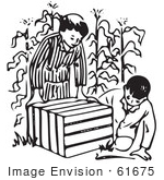 #61675 Clipart Of Boys Looking In An Animal Trap In A Corn Field In Black And White - Royalty Free Vector Illustration