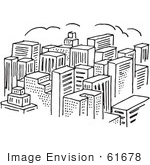 #61678 Clipart Of A City Of Skyscrapers In Black And White - Royalty Free Vector Illustration
