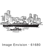 #61680 Clipart Of A Ship Near A City In Black And White - Royalty Free Vector Illustration