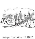#61682 Clipart Of A Train Near A City In Black And White - Royalty Free Vector Illustration