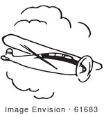 #61683 Clipart Of A Flying Airplane In Black And White 3 - Royalty Free Vector Illustration