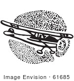#61685 Clipart Of A Flying Airplane In Black And White 4 - Royalty Free Vector Illustration