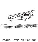 #61690 Clipart Of A Flying Airplane In Black And White 2 - Royalty Free Vector Illustration