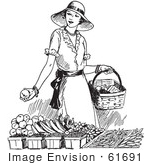 #61691 Clipart Of A Retro Woman Shopping For Produce In Black And White - Royalty Free Vector Illustration