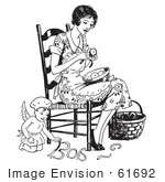 #61692 Clipart Of A Retro Chef Angel Helping A Woman Peel Apples In Black And White - Royalty Free Vector Illustration