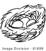 #61699 Clipart Of A Nest With Three Eggs In Black And White - Royalty Free Vector Illustration