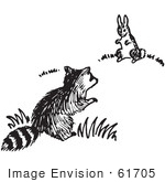 #61705 Clipart Of A Raccoon And Rabbit In Black And White - Royalty Free Vector Illustration