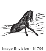 #61706 Clipart Of A Horse Stuck In Rocks In Black And White - Royalty Free Vector Illustration