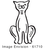 #61710 Clipart Of A Sitting Pleased Cat In Black And White - Royalty Free Vector Illustration