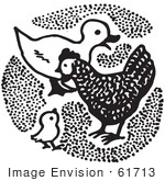 #61713 Clipart Of A Duck And Chickens In Black And White - Royalty Free Vector Illustration