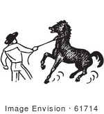 #61714 Clipart Of A Cowboy Training A Horse In Black And White - Royalty Free Vector Illustration