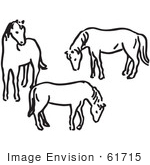 #61715 Clipart Of Three Horses In Black And White - Royalty Free Vector Illustration