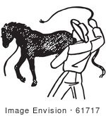 #61717 Clipart Of A Cowboy Training A Horse In Black And White 2 - Royalty Free Vector Illustration