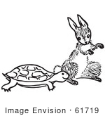 #61719 Clipart Of A Tortoise And Hare In Black And White - Royalty Free Vector Illustration