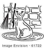 #61722 Clipart Of A Happy Cat By Fireplace Tools In Black And White - Royalty Free Vector Illustration