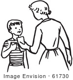 #61730 Clipart Of A Retro Mother Giving Her Son Money In Black And White - Royalty Free Vector Illustration by JVPD