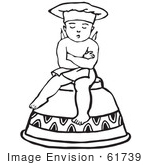 #61739 Clipart Of A Retro Cherub Chef Sitting On An Upside Down Cup In Black And White - Royalty Free Vector Illustration
