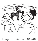 #61740 Clipart Of Ranchers Watching A Foal And Horse In Black And White - Royalty Free Vector Illustration