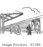 #61760 Clipart Of A Train Station In Black And White - Royalty Free Vector Illustration