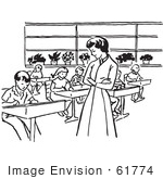 #61774 Clipart Of A Retro Teacher Watching Children Write In Class In Black And White - Royalty Free Vector Illustration