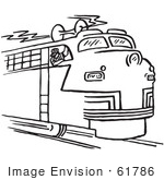 #61786 Clipart Of A Train Engineer Blowing The Horn In Black And White - Royalty Free Vector Illustration