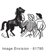 #61790 Clipart Of Cowboys Training A Horse In Black And White - Royalty Free Vector Illustration