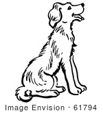 #61794 Clipart Of A Happy Sitting Dog In Black And White - Royalty Free Vector Illustration