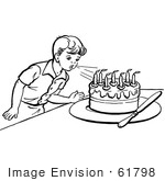 #61798 Clipart Of A Retro Boy Blowing Out Birthday Cake Candles In Black And White - Royalty Free Vector Illustration