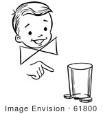 #61800 Clipart Of A Happy Retro Boy Performing A Moving Coin And Cup Magic Trick In Black And White - Royalty Free Vector Illustration