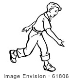 #61806 Clipart Of A Retro Boy After Releasing A Bowling Ball In Black And White - Royalty Free Vector Illustration