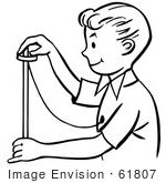 #61807 Clipart Of A Happy Retro Magician Boy Performing A Rising Ring Trick In Black And White - Royalty Free Vector Illustration