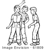 #61809 Clipart Of Retro Boys Talking And Waving In Black And White - Royalty Free Vector Illustration