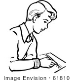 #61810 Clipart Of A Retro Boy Writing In Black And White - Royalty Free Vector Illustration