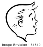 #61812 Clipart Of A Happy Retro Boy Face In Profile In Black And White - Royalty Free Vector Illustration