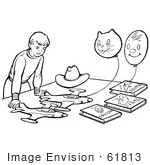 #61813 Clipart Of A Retro Boy Playing With Planes Books And Balloons In Black And White - Royalty Free Vector Illustration