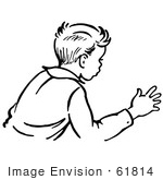#61814 Clipart Of A Retro Boy Trying To Stop An Action In Black And White - Royalty Free Vector Illustration