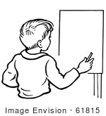#61815 Clipart Of A Retro Boy By An Easel In Black And White - Royalty Free Vector Illustration