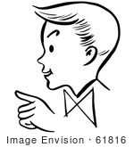 #61816 Clipart Of A Pointing Retro Boy In Profile In Black And White - Royalty Free Vector Illustration