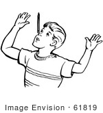 #61819 Clipart Of A Retro Boy Throwing Up His Arms In Black And White - Royalty Free Vector Illustration