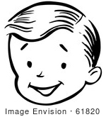 #61820 Clipart Of A Happy Retro Boy Face In Black And White - Royalty Free Vector Illustration