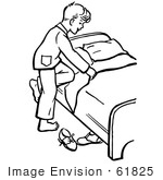 #61825 Clipart Of A Retro Boy Climbing Into Bed In Black And White - Royalty Free Vector Illustration