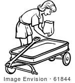 #61844 Clipart Of A Retro Girl Putting A Bag In A Wagon In Black And White - Royalty Free Vector Illustration