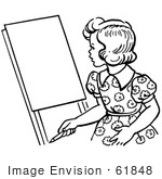 #61848 Clipart Of A Retro Girl Looking At An Easel In Black And White - Royalty Free Vector Illustration