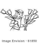 #61850 Clipart Of A Retro Girl Holding Tulip Flowers In Black And White - Royalty Free Vector Illustration