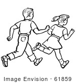 #61859 Clipart Of A Retro Boy And Girl Running In Black And White - Royalty Free Vector Illustration